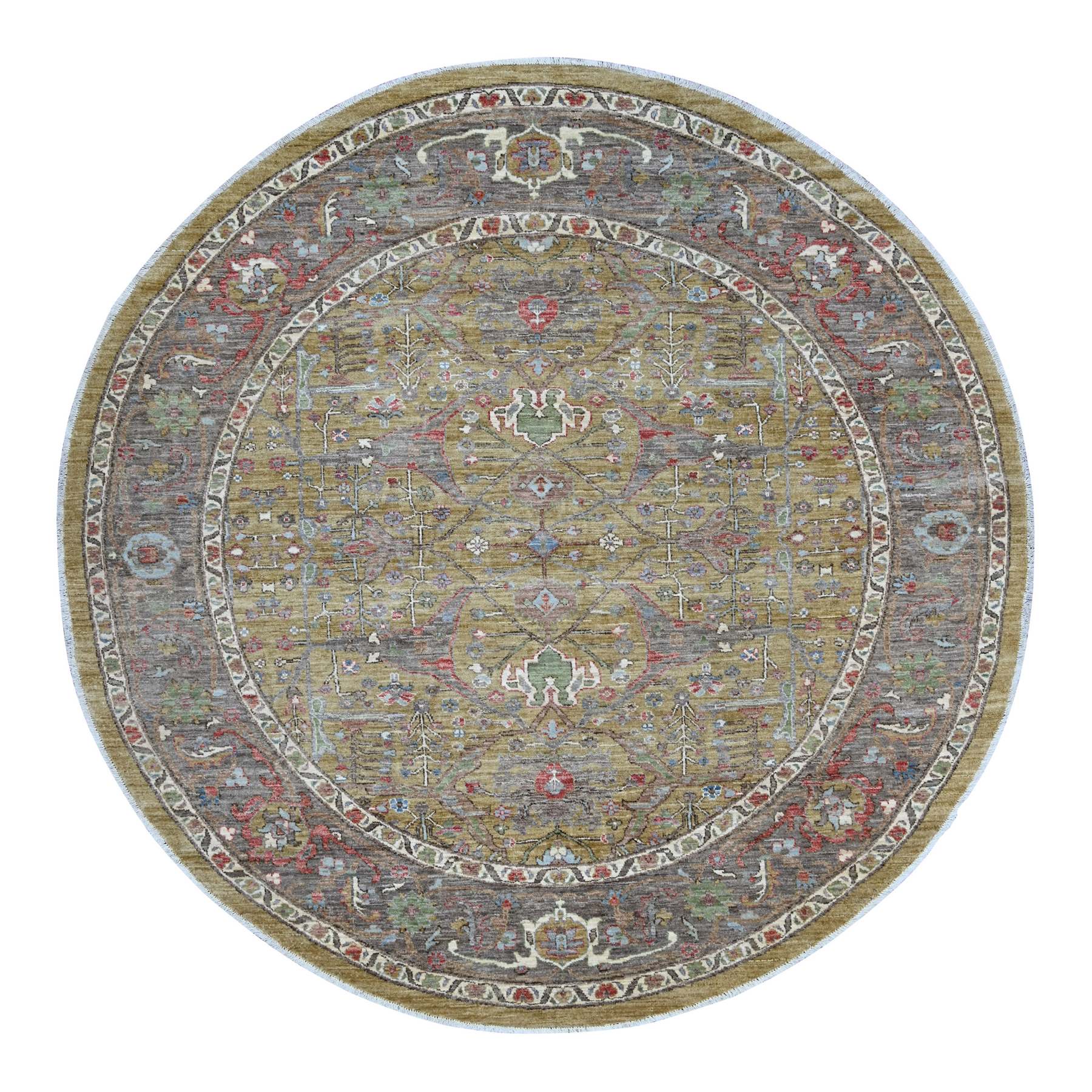 8'3"x8'3" Olive Green, Peshawar with Bijar Garus Design, High Mountain Wool, Densely Woven, Hand Knotted, Round, Oriental Rug 